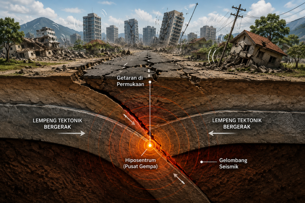 Ilustrasi proses terjadinya gempa tektonik akibat pergerakan lempeng bumi yang menampilkan hiposentrum, gelombang seismik, dan retakan permukaan tanah di area perkotaan.