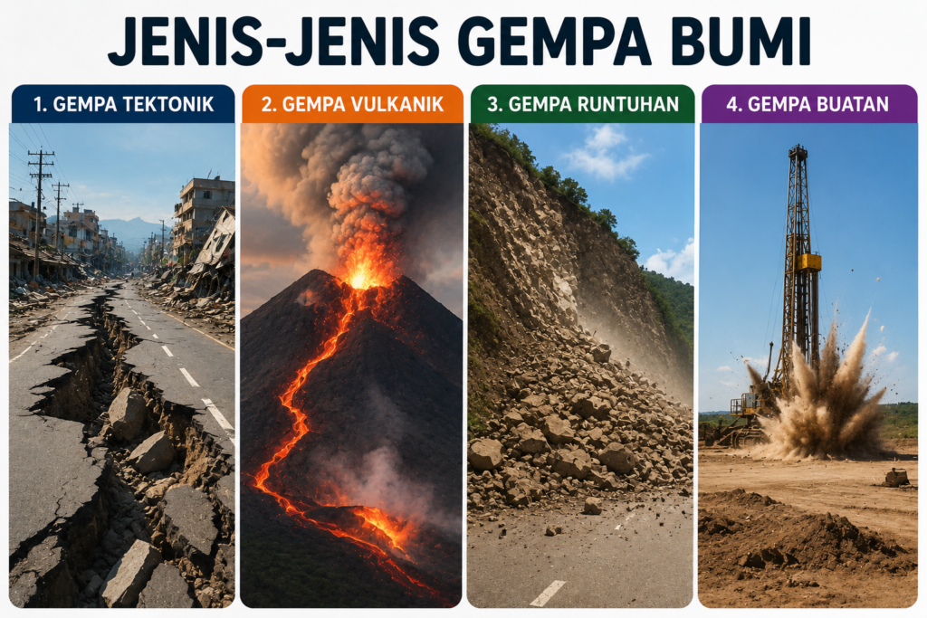 Infografis empat jenis gempa bumi yang menampilkan gempa tektonik, gempa vulkanik, gempa runtuhan, dan gempa buatan dengan ilustrasi realistis kerusakan tanah, letusan gunung, longsoran batu, dan aktivitas pengeboran.