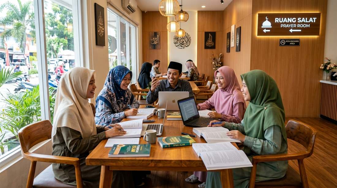 Suasana diskusi kelompok pelajar muslim di cafe bernuansa Islami Banjarmasin yang nyaman dan dekat musala