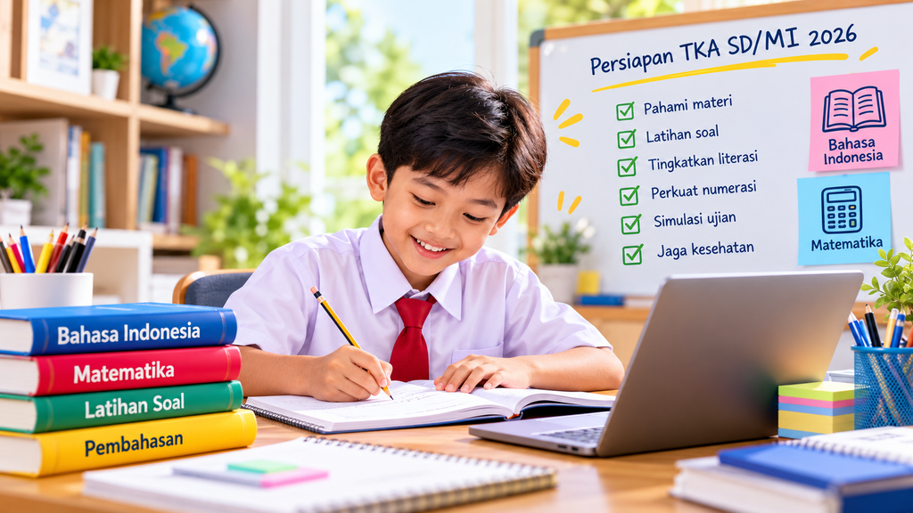Siswa SD belajar Bahasa Indonesia dan Matematika menggunakan buku dan laptop untuk persiapan TKA SD/MI 2026.