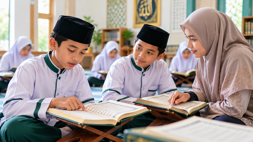 Pelajar Sekolah Islam Terpadu melakukan kegiatan menghafal Al-Qur'an dan muraja'ah bersama guru tahfidz di kelas